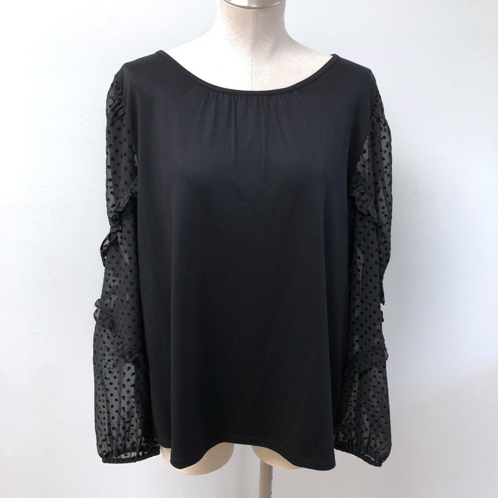 Loft Blouse Womens XL Women Black Sheer Polka Dot Ruffle Sleeve Mixed Media